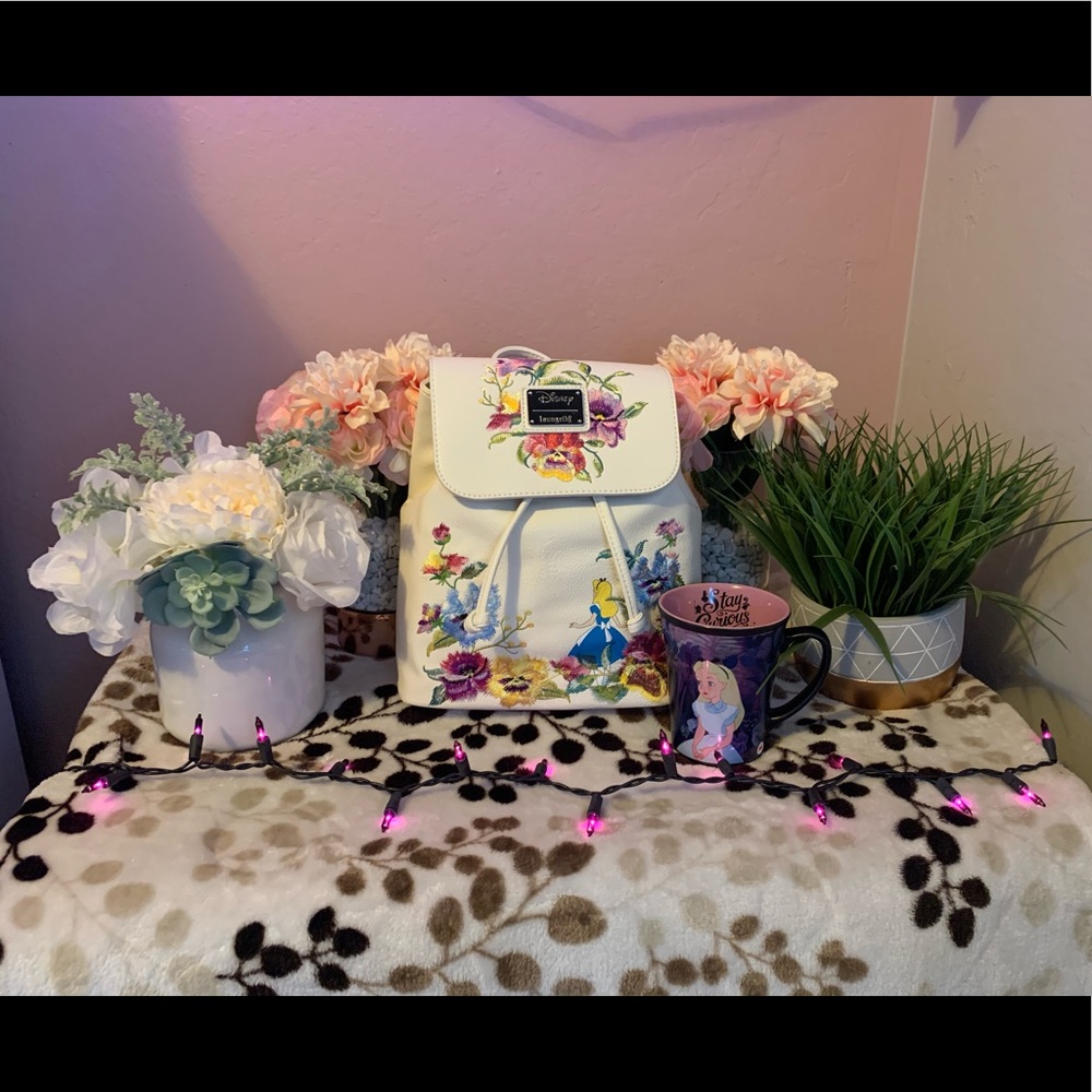Alice in wonderland loungefly backpack and mug